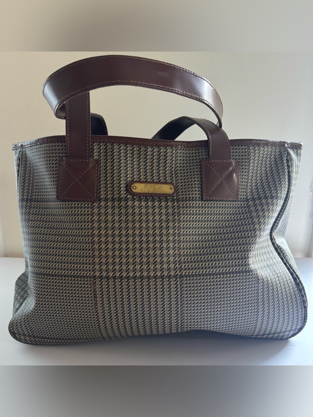 Vintage Polo Ralph Lauren Plaid Shoulder Tote Handbag Brown Tan